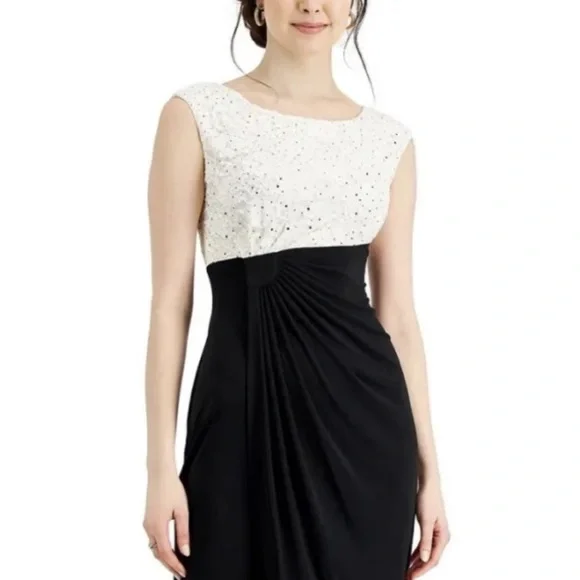 connected apparel | Dresses | Connected Apparel Ivory Black Lace Bodice  Faux Wrap Cocktail Dress Size 4 | Poshmark